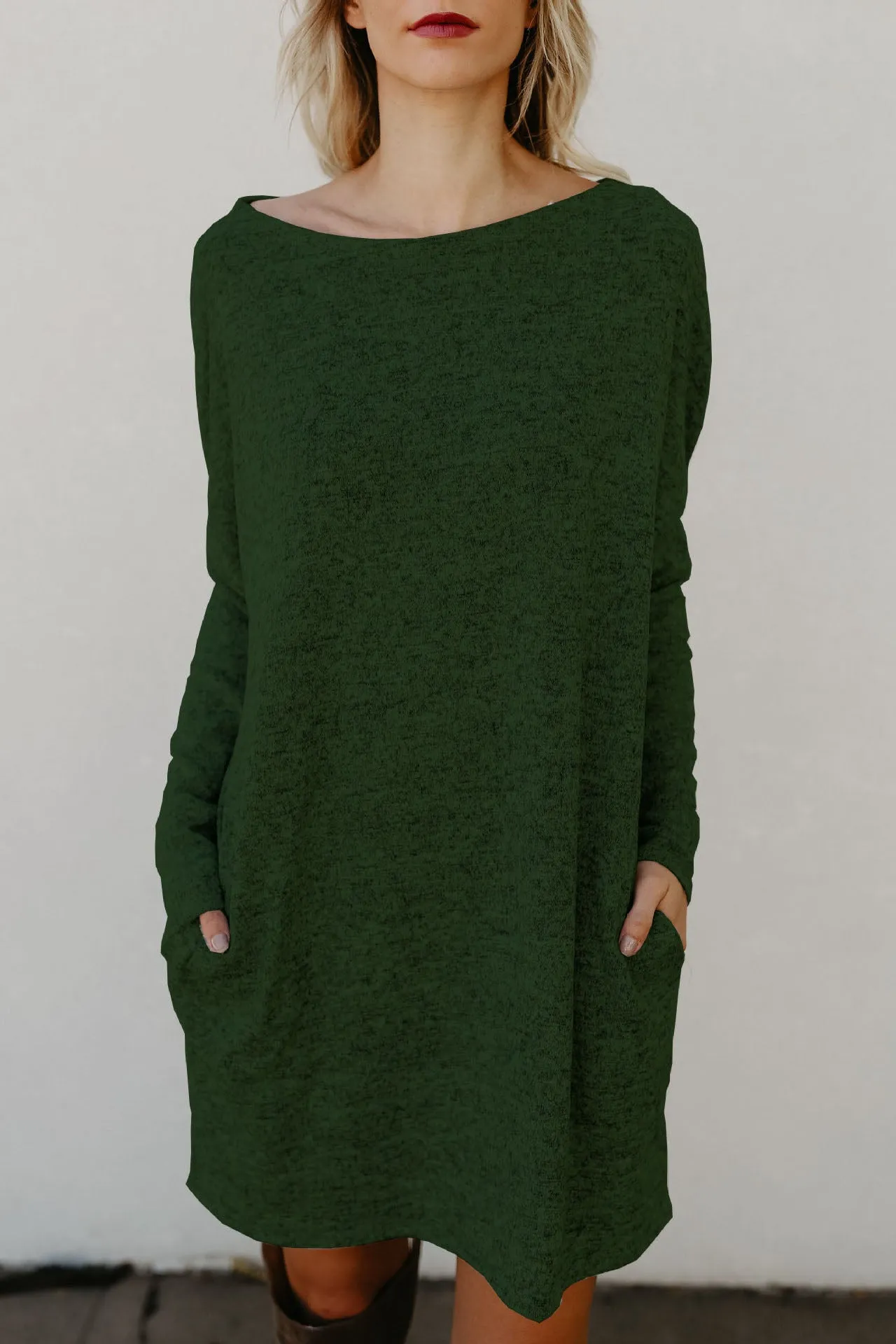 Loose Candy Color Long Sleeves Scoop Short Knit Dress