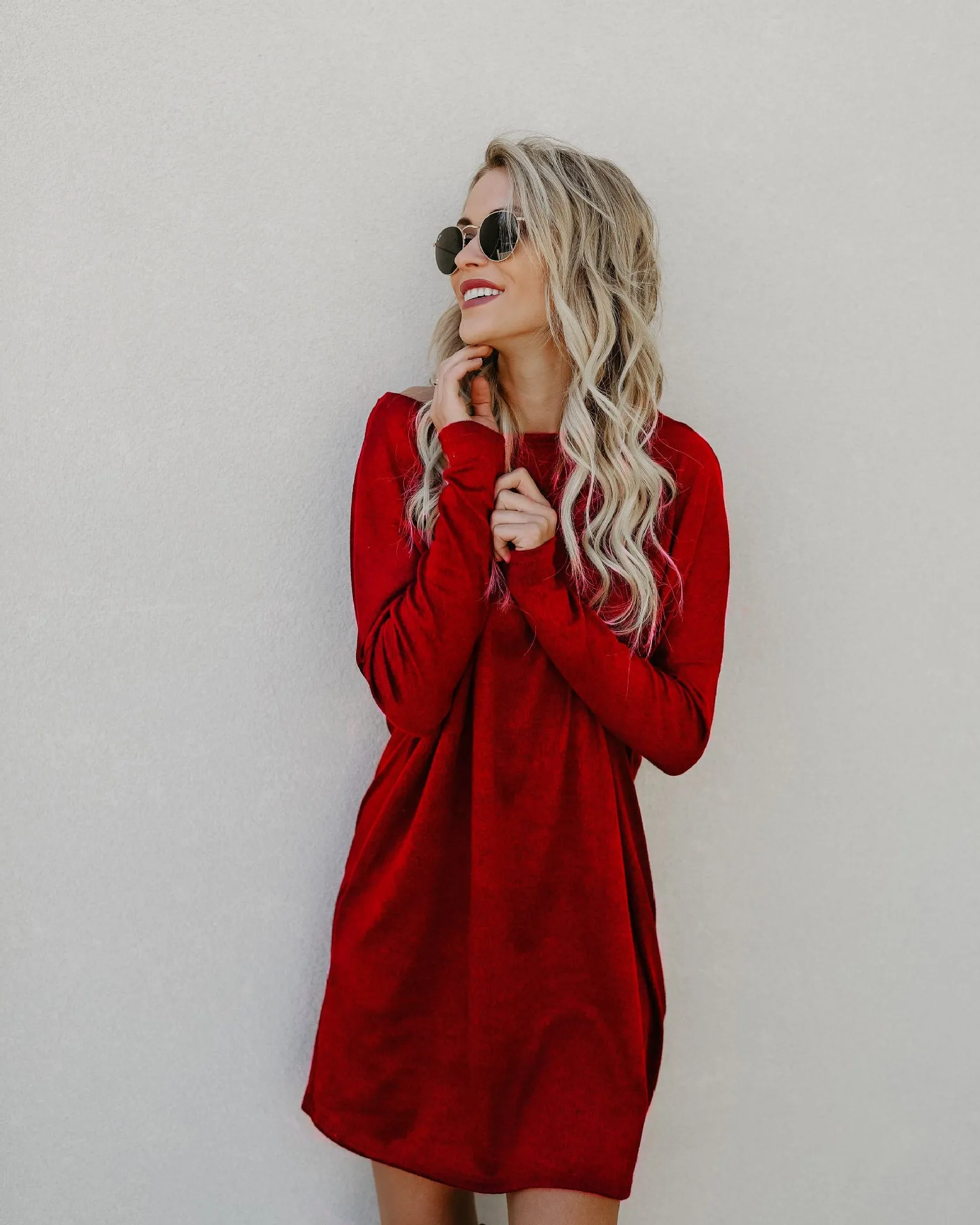 Loose Candy Color Long Sleeves Scoop Short Knit Dress