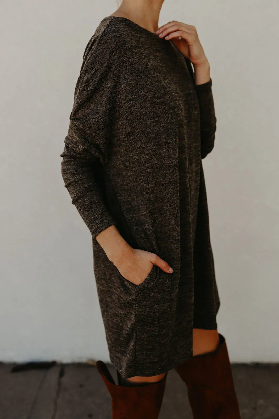 Loose Candy Color Long Sleeves Scoop Short Knit Dress