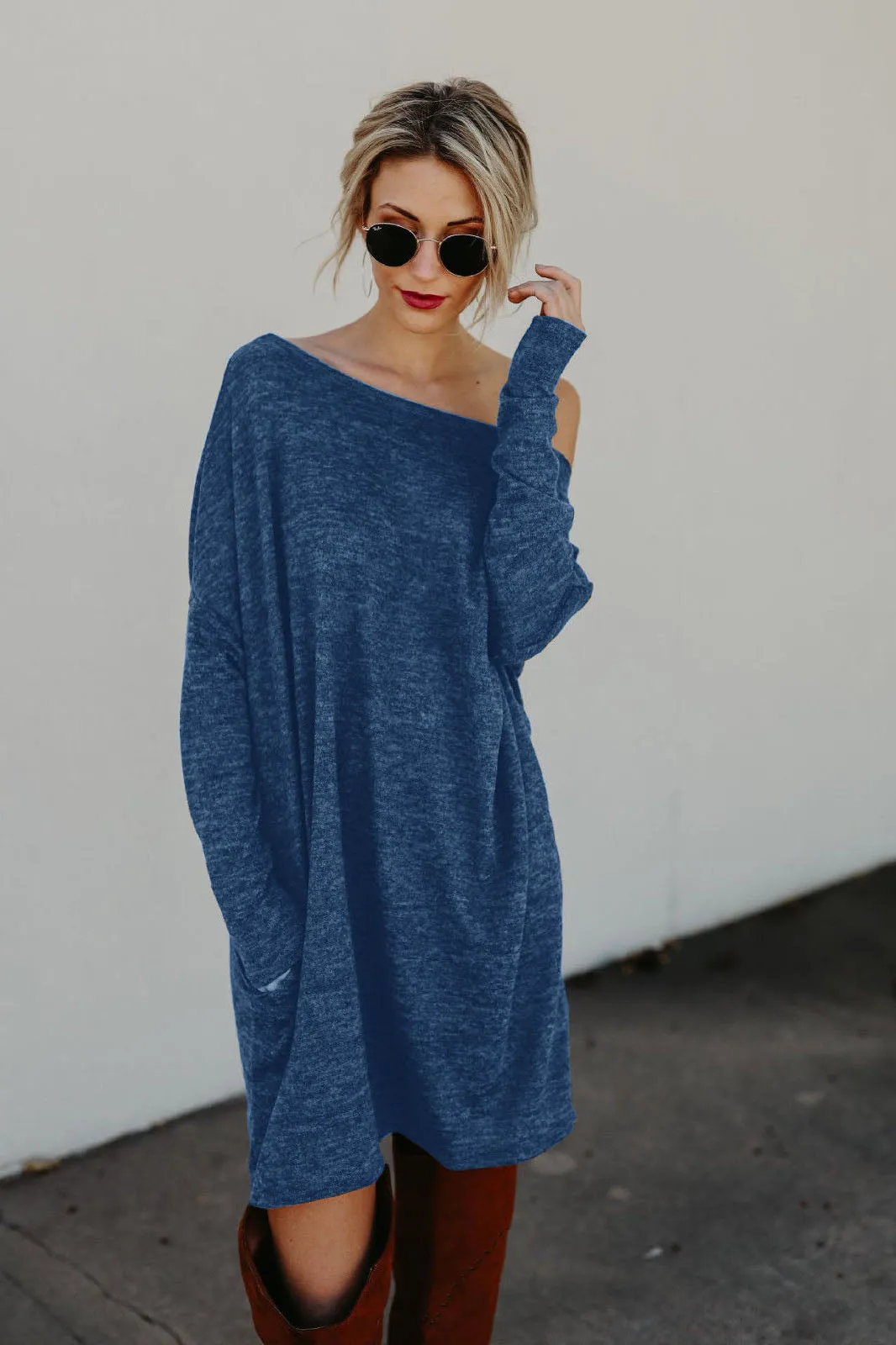 Loose Candy Color Long Sleeves Scoop Short Knit Dress