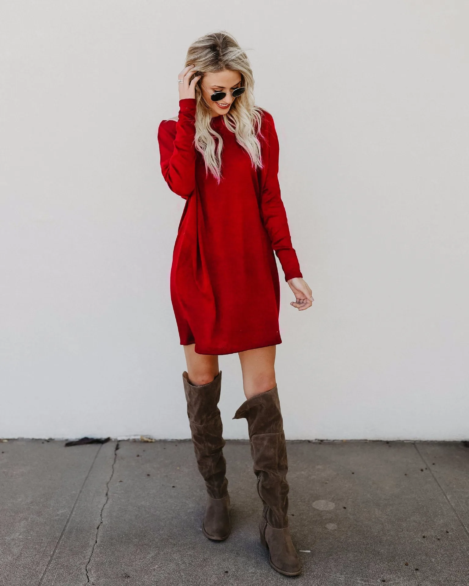 Loose Candy Color Long Sleeves Scoop Short Knit Dress