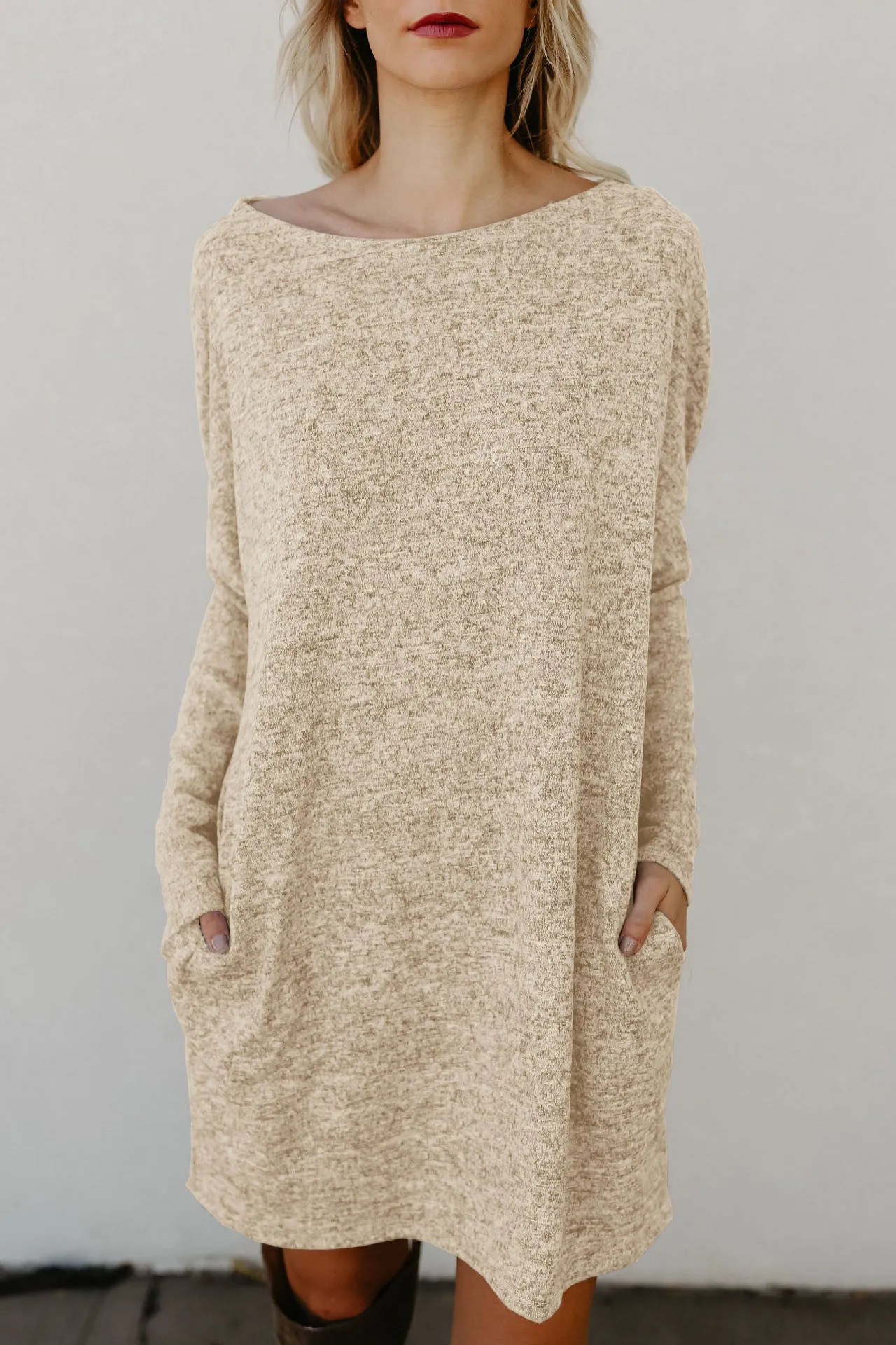 Loose Candy Color Long Sleeves Scoop Short Knit Dress