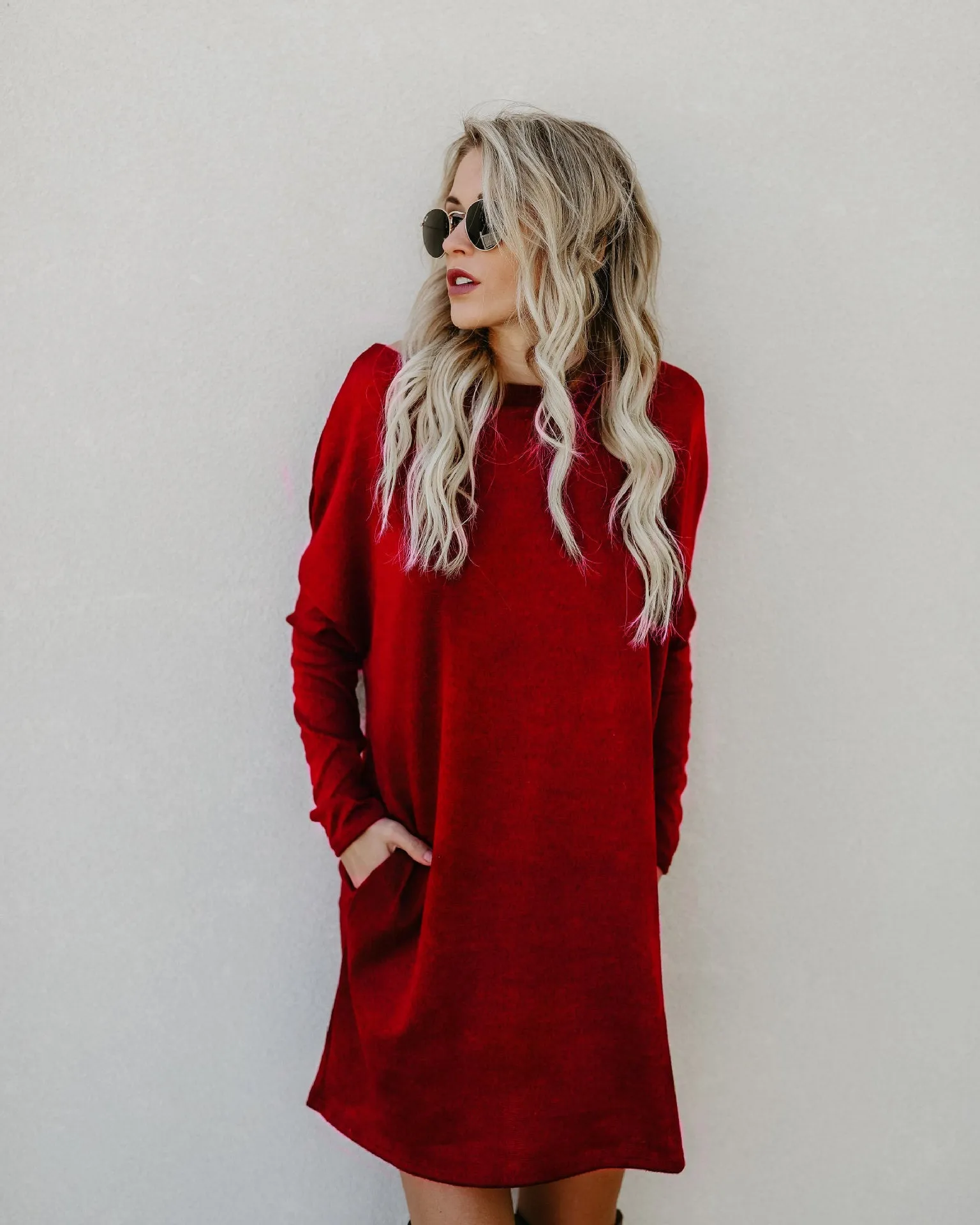 Loose Candy Color Long Sleeves Scoop Short Knit Dress