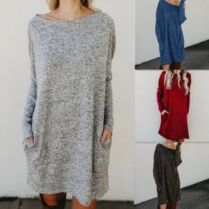 Loose Candy Color Long Sleeves Scoop Short Knit Dress