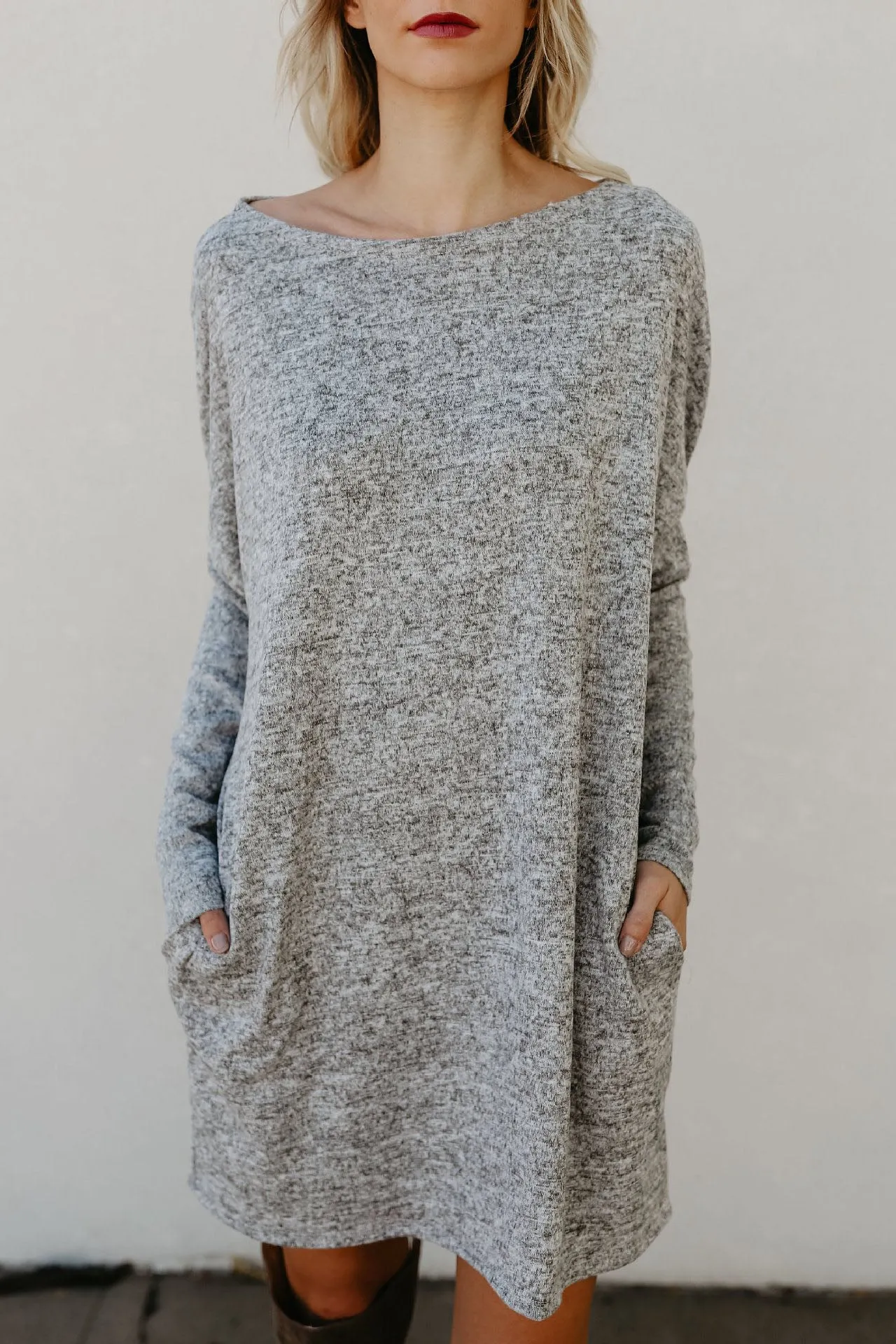 Loose Candy Color Long Sleeves Scoop Short Knit Dress