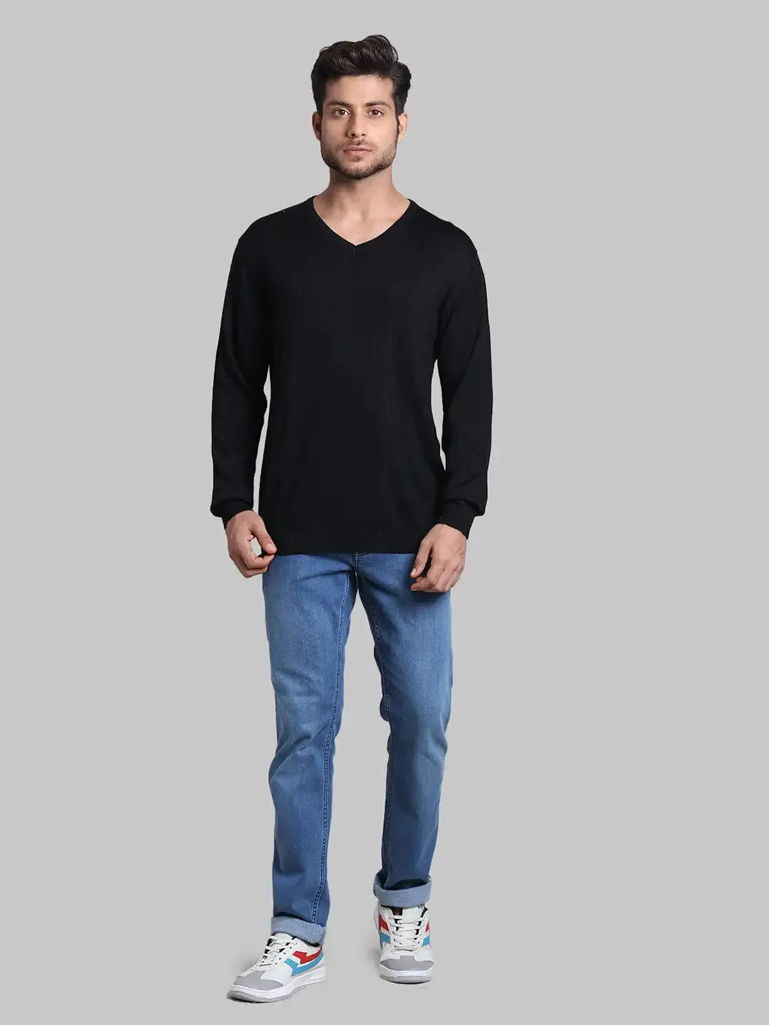 Men Black Regular Fit Solid Wool Blend Full Sleeve V Neck Collar Sweaters
