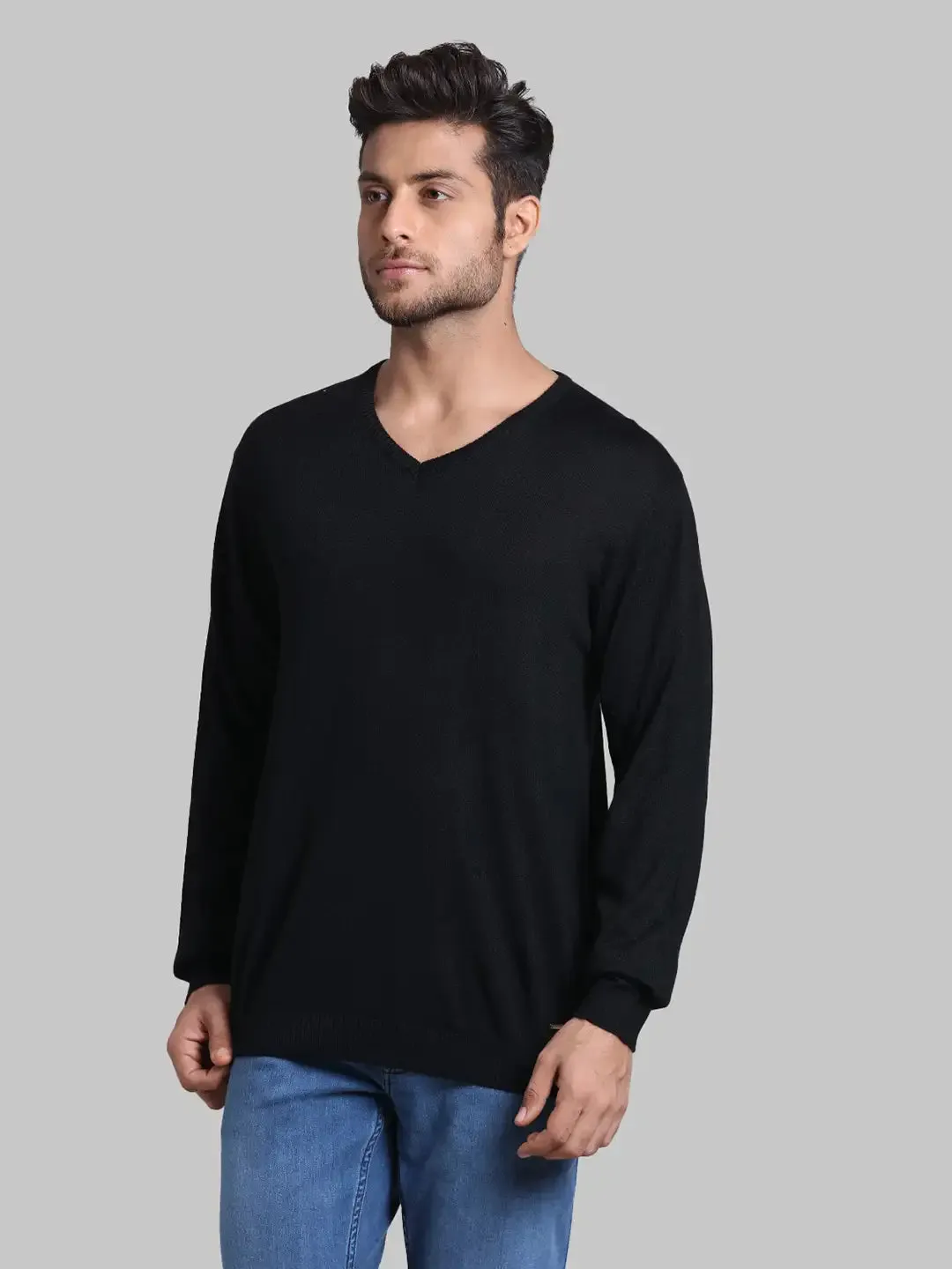 Men Black Regular Fit Solid Wool Blend Full Sleeve V Neck Collar Sweaters