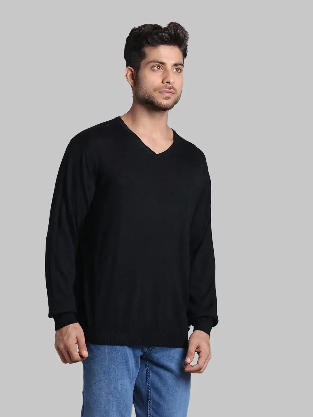 Men Black Regular Fit Solid Wool Blend Full Sleeve V Neck Collar Sweaters