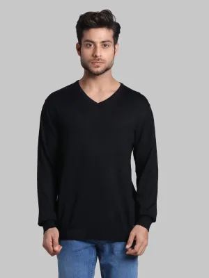 Men Black Regular Fit Solid Wool Blend Full Sleeve V Neck Collar Sweaters