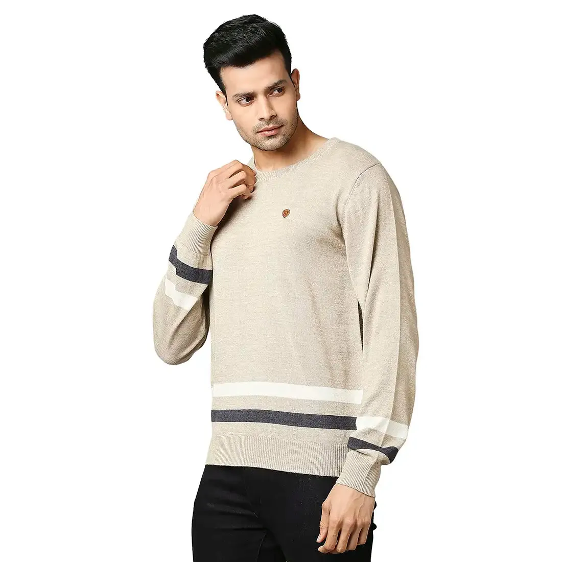 Men Fawn Stripe Acrylic Wool Blend Round Collar Sweaters