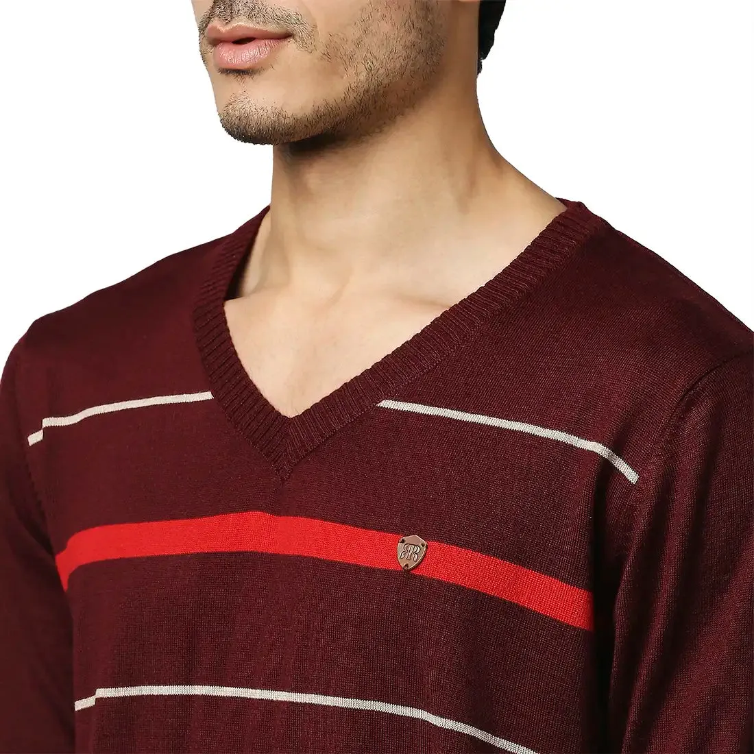 Men Maroon Stripe Acrylic Wool Blend Full Sleeve V Neck Collar Sweaters