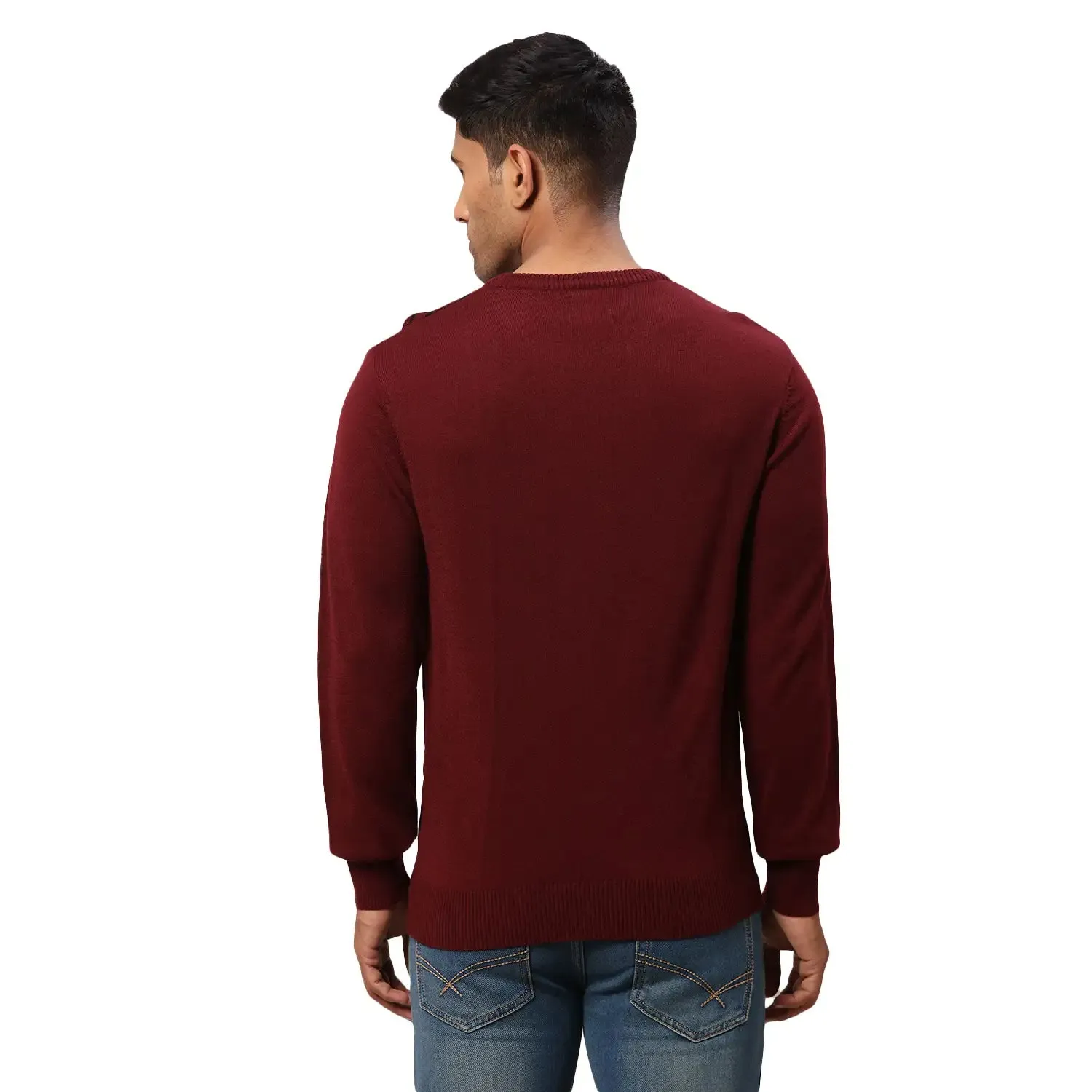 Men Maroon Stripe Acrylic Wool Blend Round Collar Sweaters