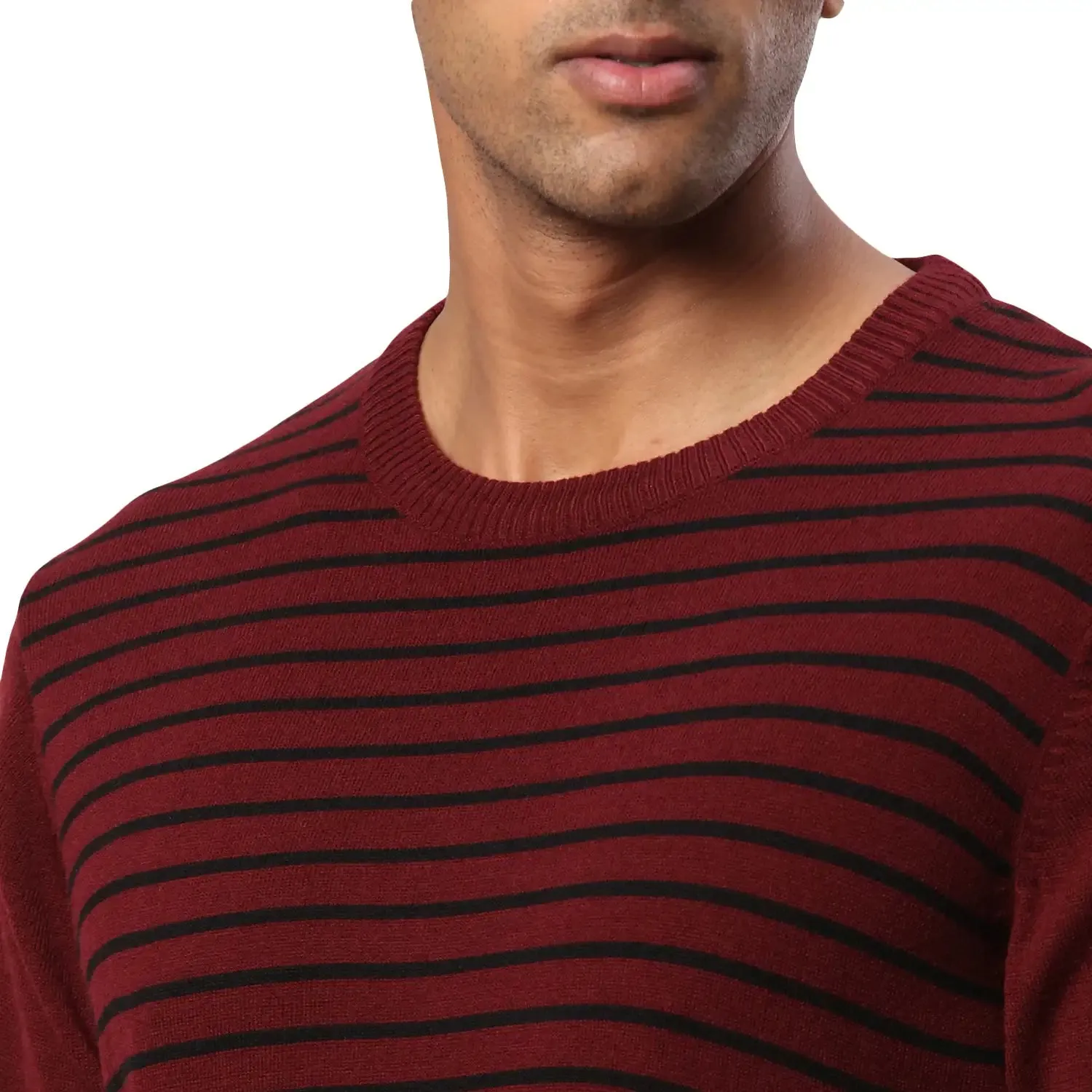 Men Maroon Stripe Acrylic Wool Blend Round Collar Sweaters