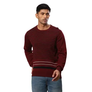 Men Maroon Stripe Acrylic Wool Blend Round Collar Sweaters