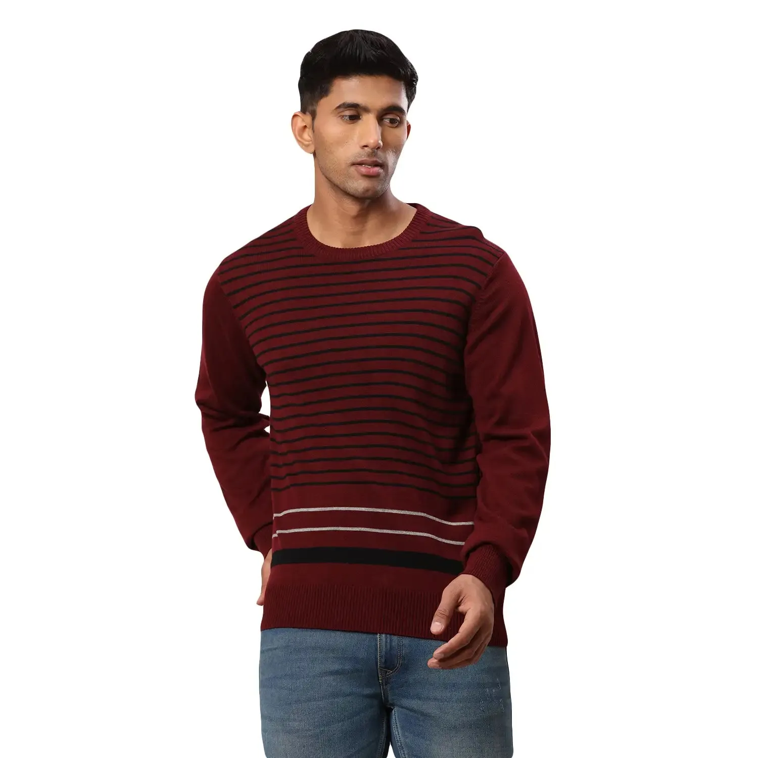 Men Maroon Stripe Acrylic Wool Blend Round Collar Sweaters
