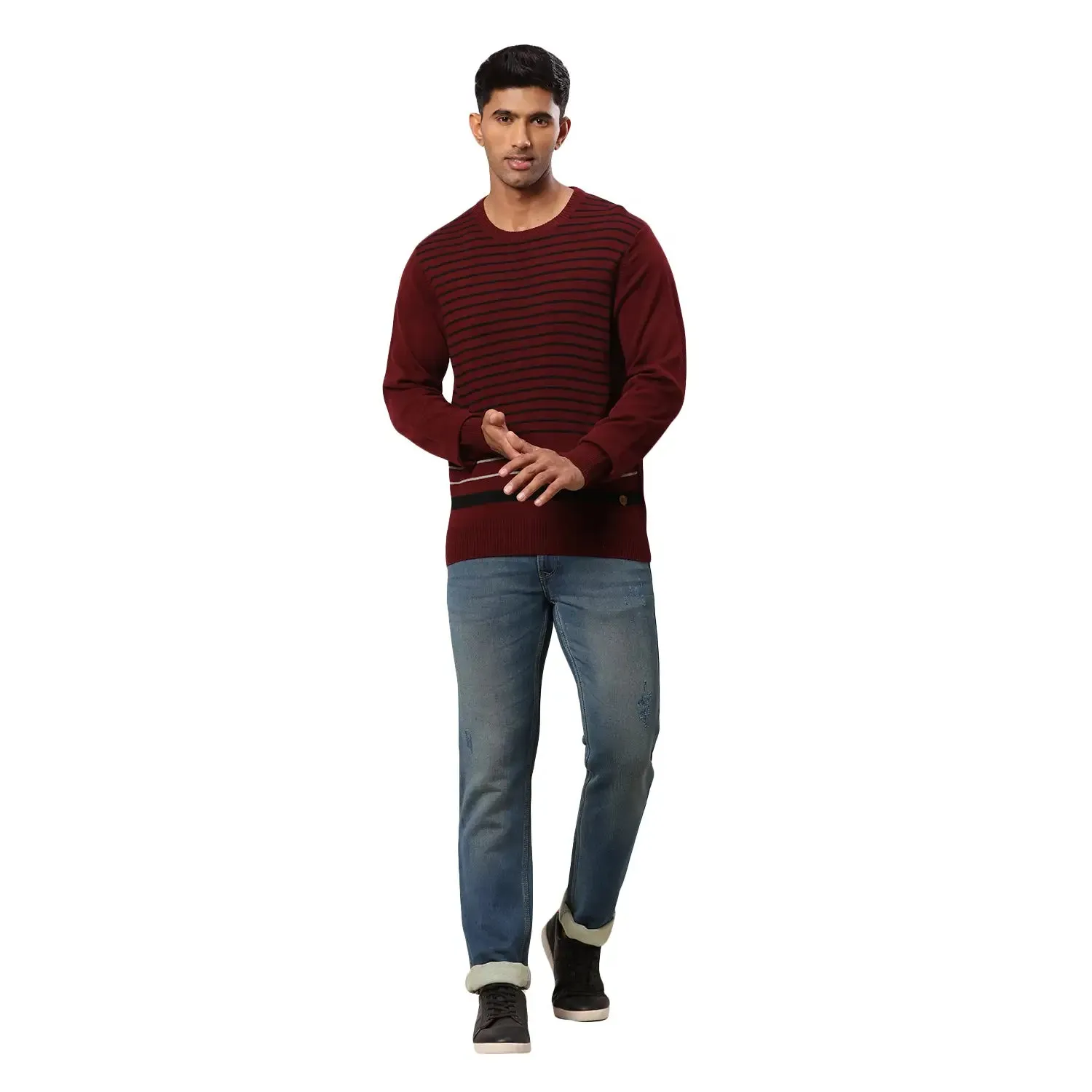 Men Maroon Stripe Acrylic Wool Blend Round Collar Sweaters