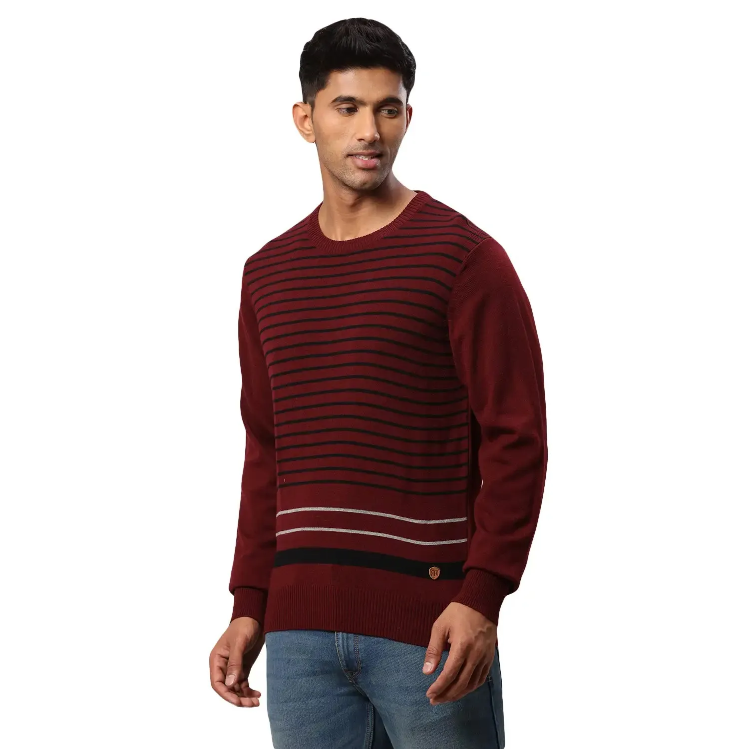Men Maroon Stripe Acrylic Wool Blend Round Collar Sweaters