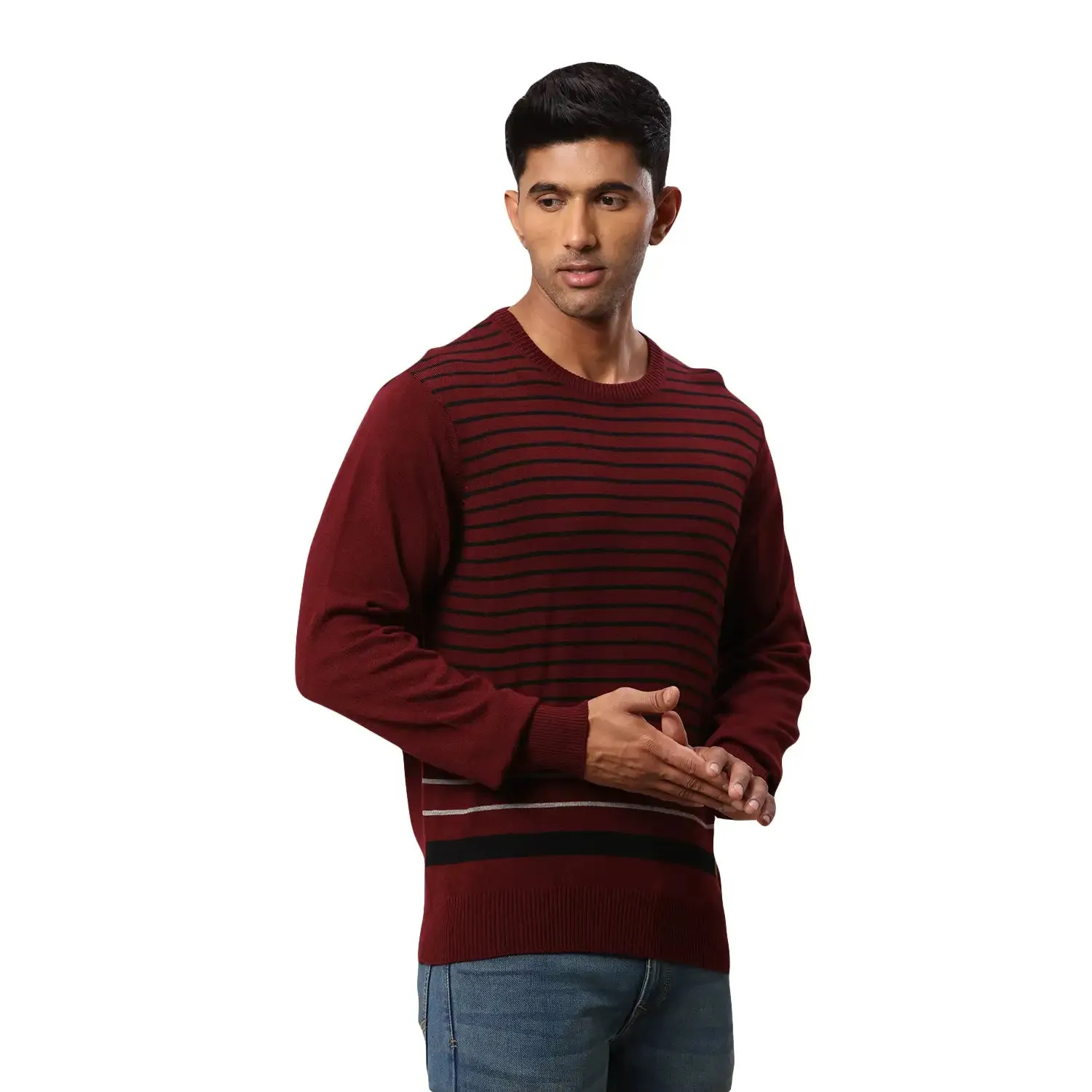 Men Maroon Stripe Acrylic Wool Blend Round Collar Sweaters