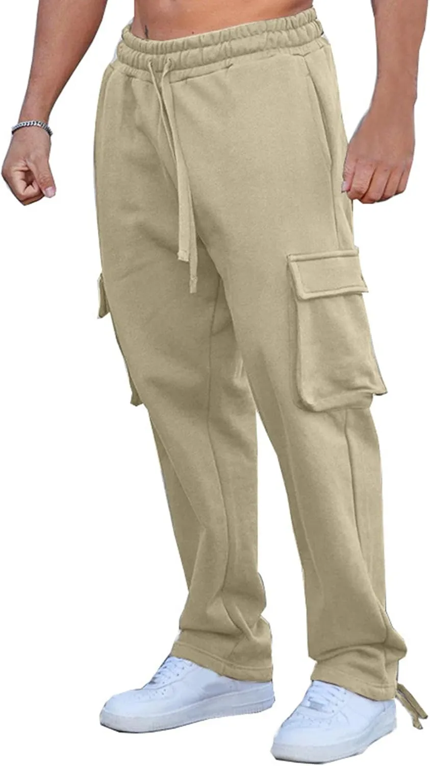 Men's Straight Leg Elastic Waist Work Pants Casual Drawstring Cargo Trousers Lightweight Relaxed Fit Outdoor Pants