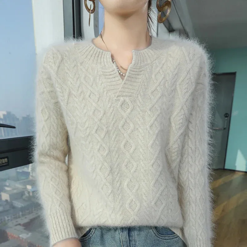 Mink Cashmere Autumn Winter New Women's Round Neck Cardigan Jumper Fashion Diamond Warm Sweater