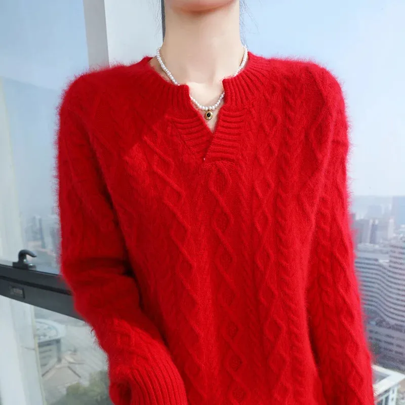 Mink Cashmere Autumn Winter New Women's Round Neck Cardigan Jumper Fashion Diamond Warm Sweater