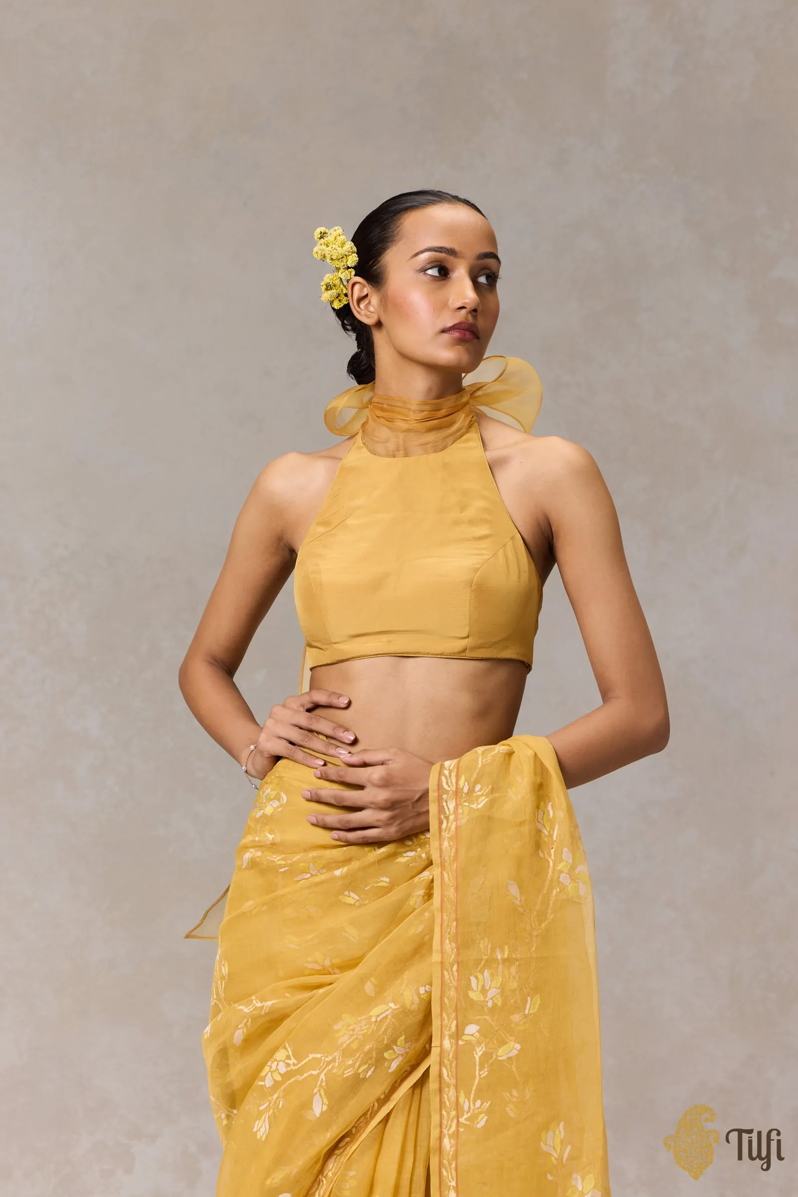 Mustard Yellow Pure Silk Organza Bow Blouse