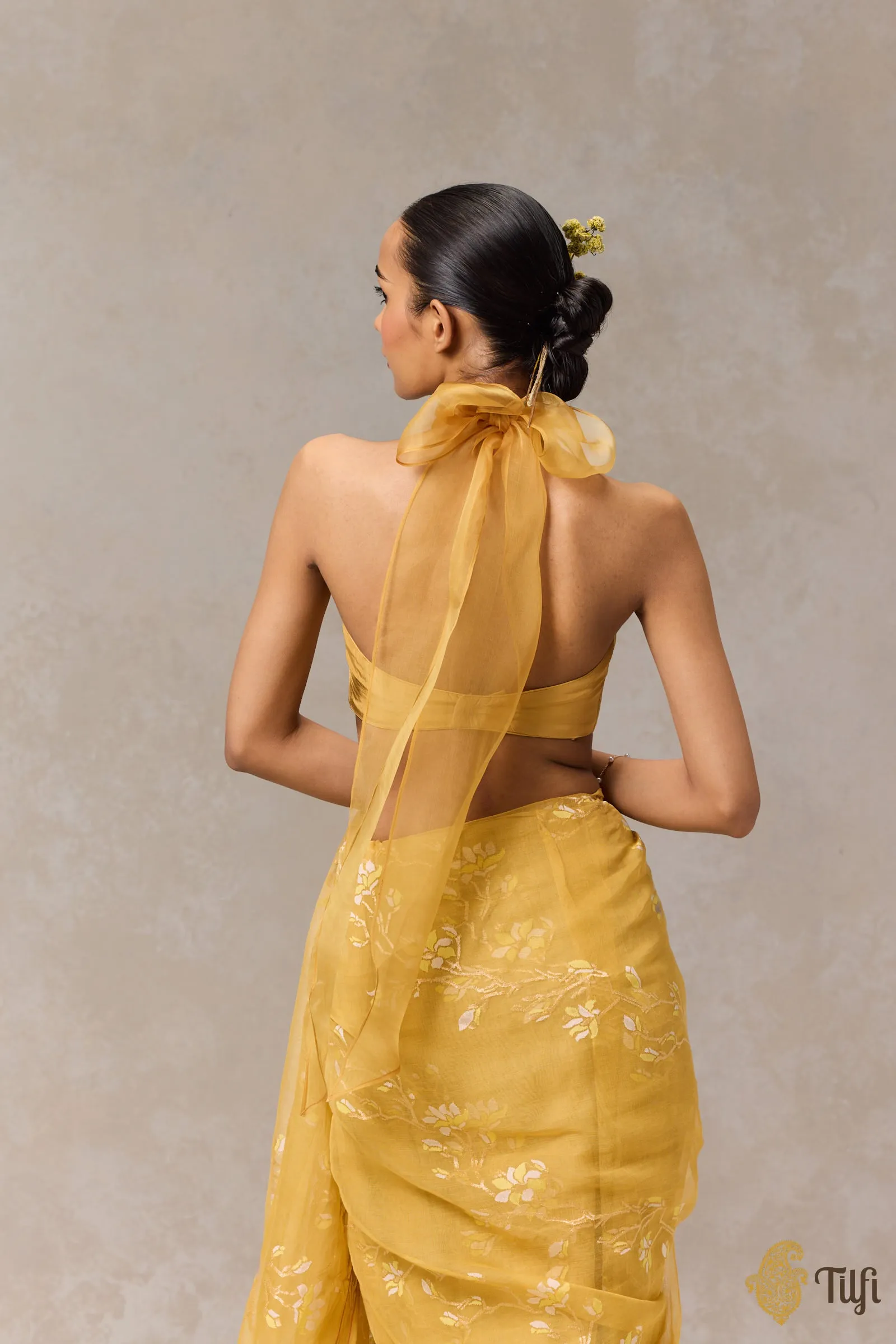 Mustard Yellow Pure Silk Organza Bow Blouse