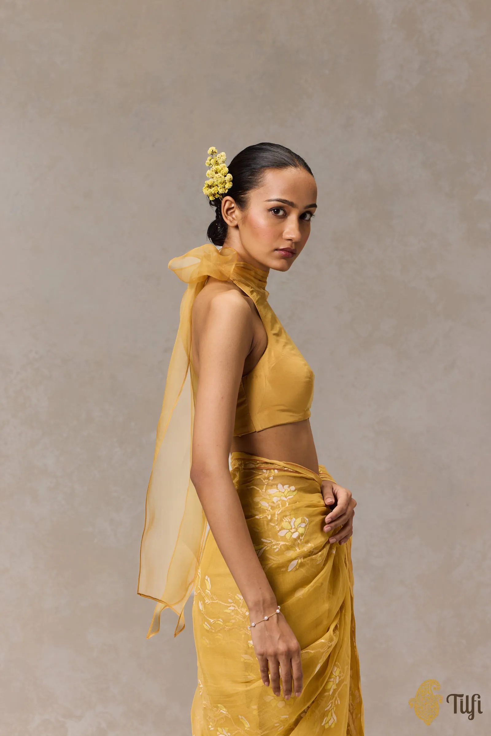 Mustard Yellow Pure Silk Organza Bow Blouse