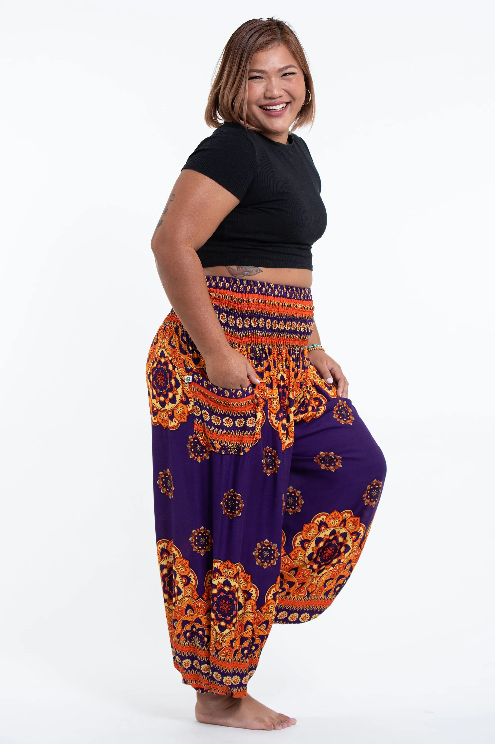 Plus Size Lotus Mandalas Women's Harem Pants in Purple