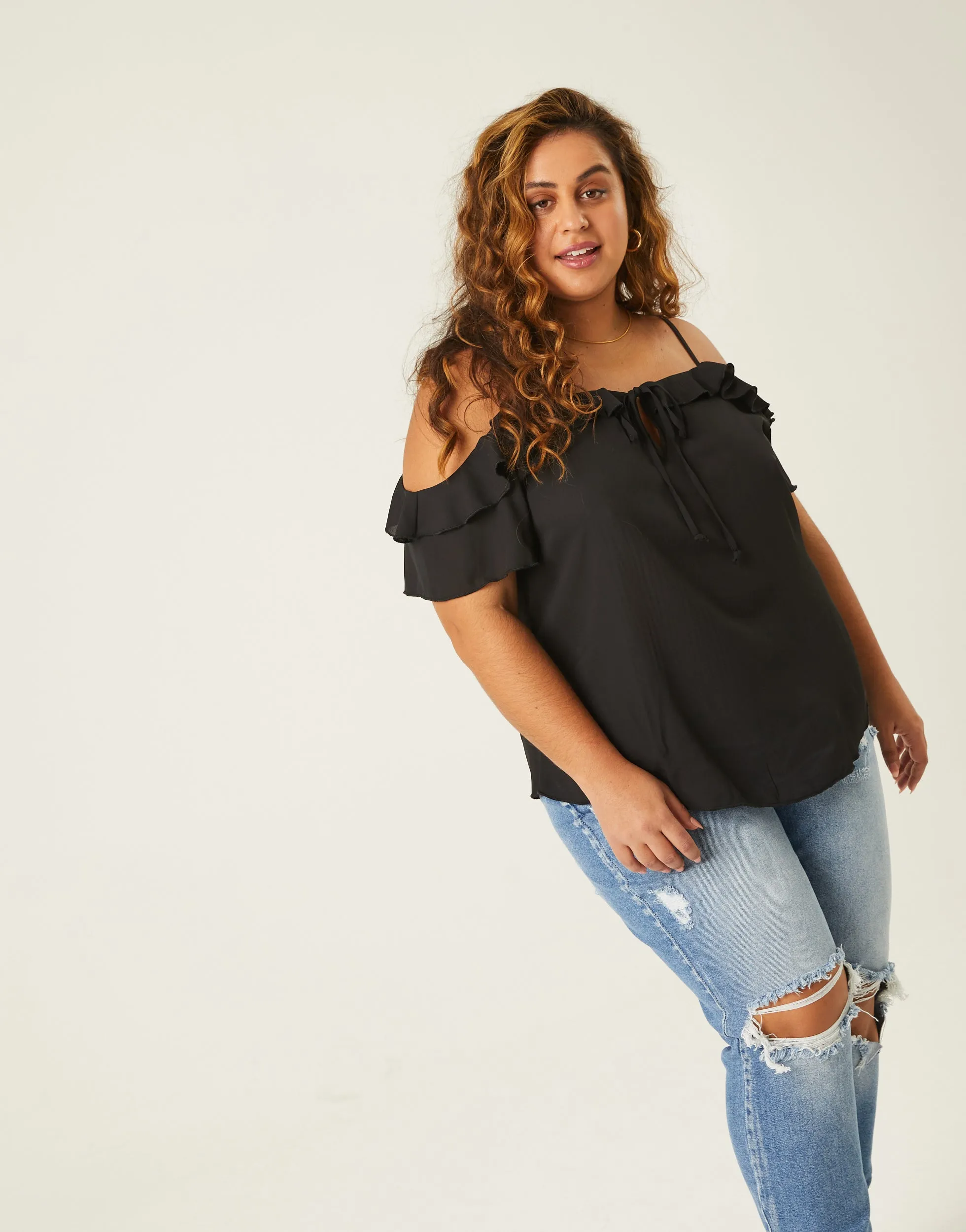 Plus Size Ruffle Neckline Chiffon Top