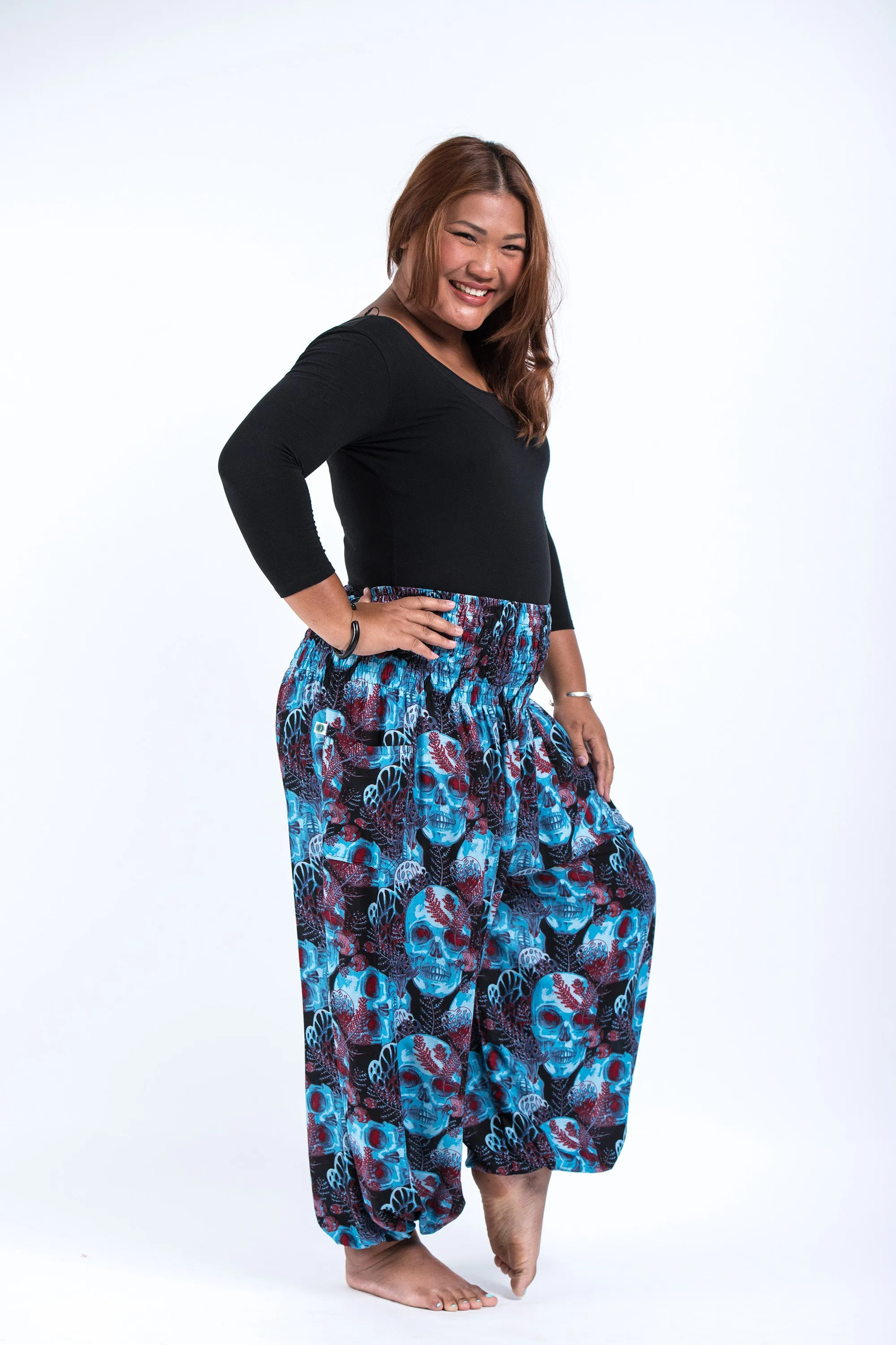 Plus Size Skulls Women's Harem Pants in Black Blue