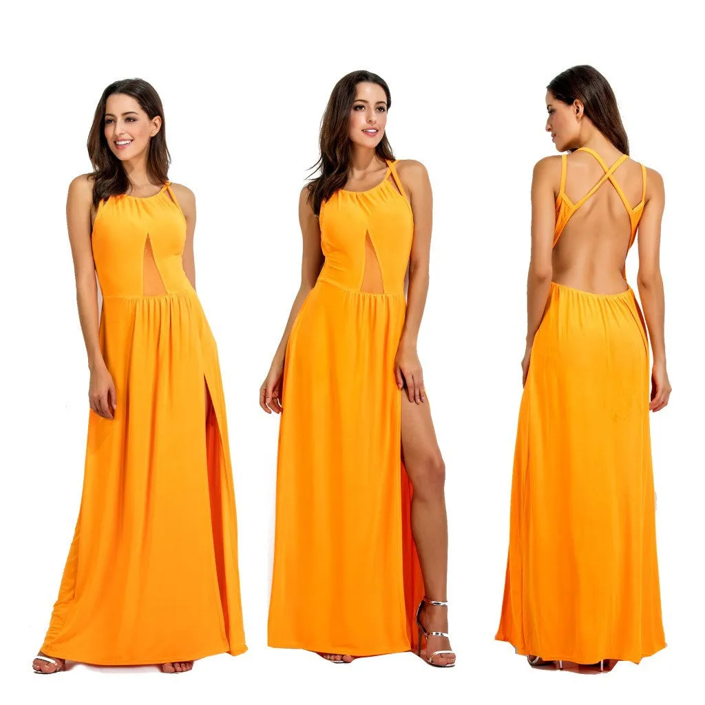 Pure Color Scoop Split Backless Long Party Dress