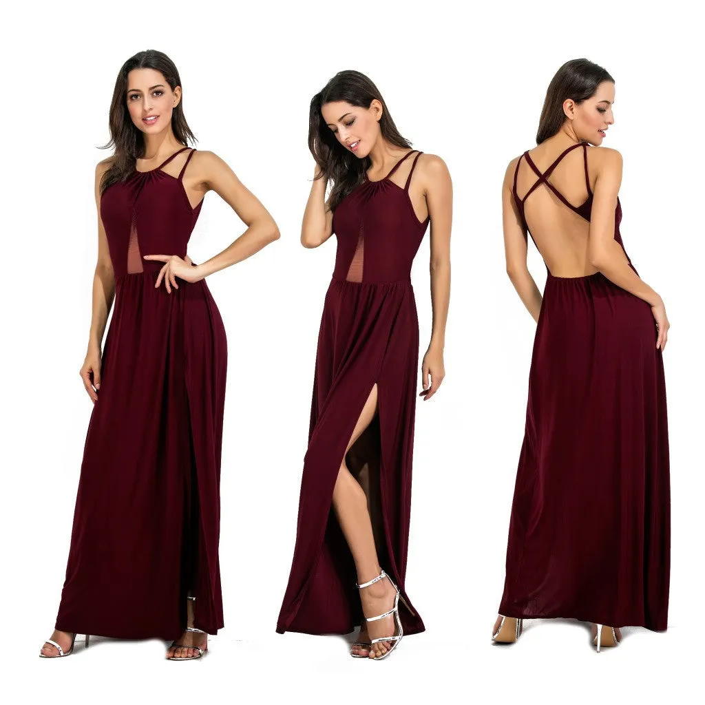 Pure Color Scoop Split Backless Long Party Dress
