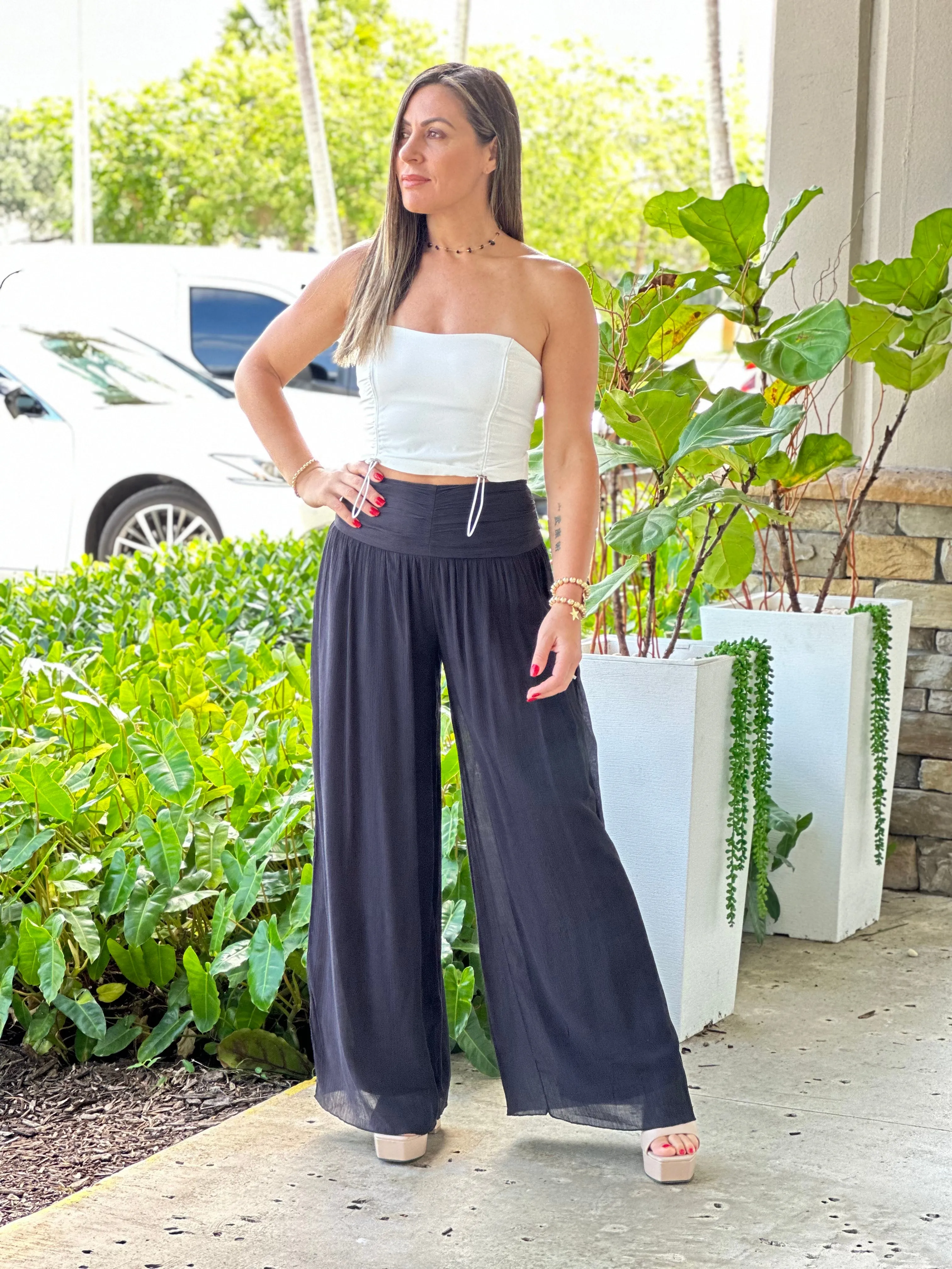"Nova" High Waisted Shirred Wide Leg Flowy Pants