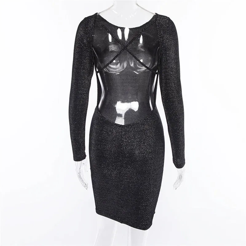 Sexy Blackless Cross Long Sleeves Short Mini Dress