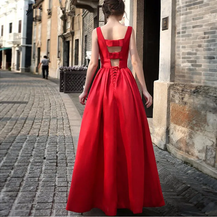 Solid Color Open Back Sleeveless Ball Gown Long Party Dress