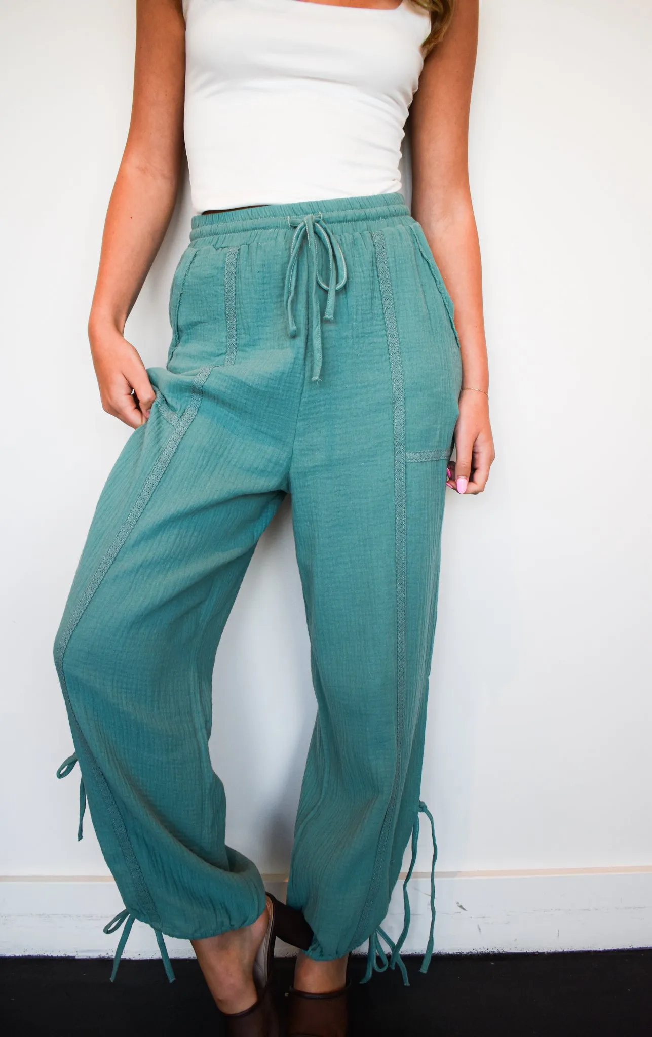 Tie Ankle Linen Pants- Sage