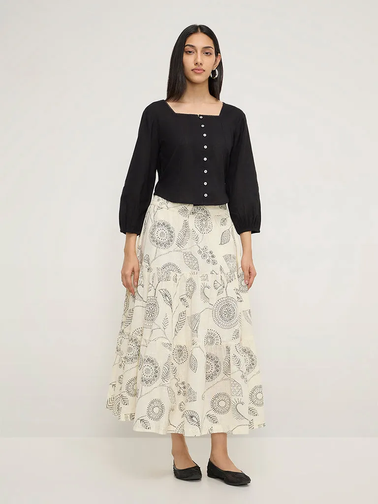 Utsa Off-White Botanical Printed Tiered Skirt
