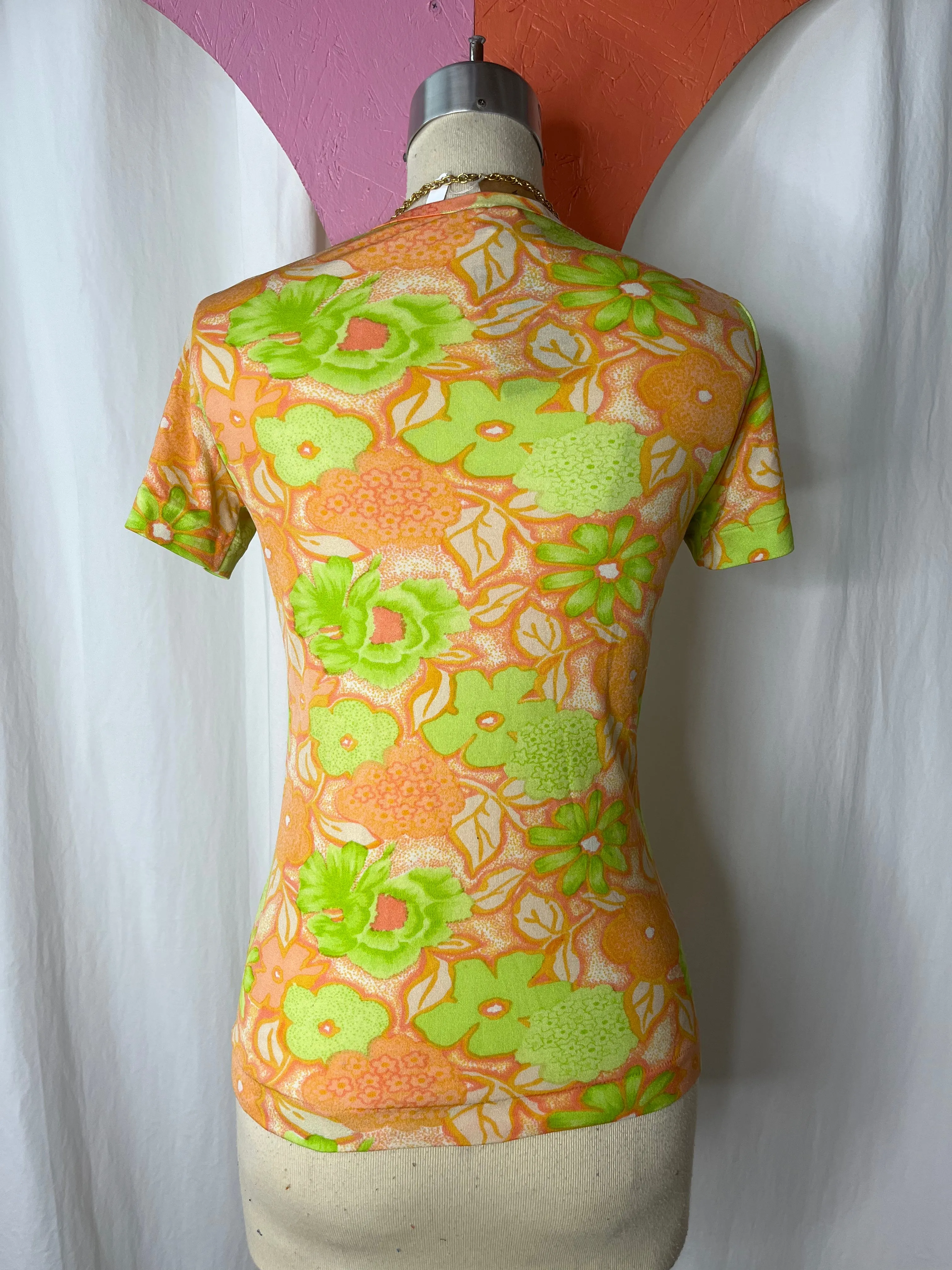 Vintage 60s 70s Groovy Orange Flower Power Mod T Shirt Top Retro Psychedelic S