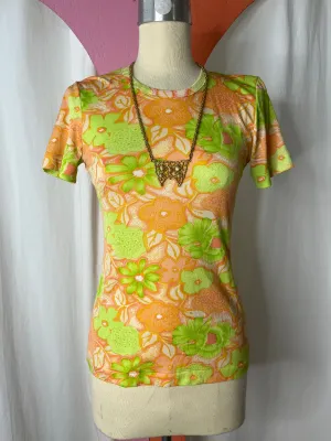 Vintage 60s 70s Groovy Orange Flower Power Mod T Shirt Top Retro Psychedelic S