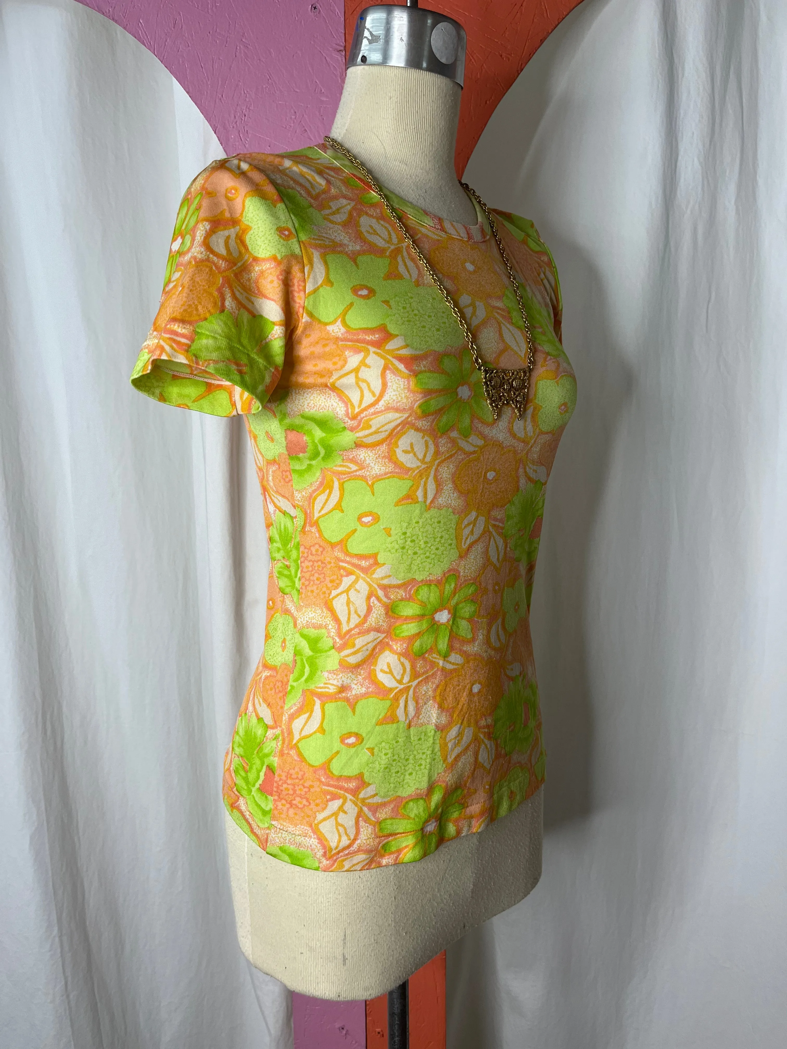 Vintage 60s 70s Groovy Orange Flower Power Mod T Shirt Top Retro Psychedelic S