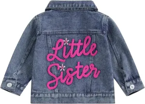 VISGOGO Toddler Baby Girl Jacket Big Lil Sister/Brother Letter Embroidery Jean Long Sleeve Cardigan Button Denim Coat