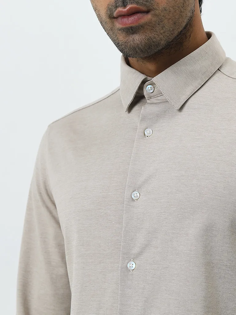 WES Formals Beige Slim-Fit Cotton-Blend Shirt