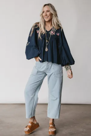 Whimsy Rose Embroidered Top - Navy