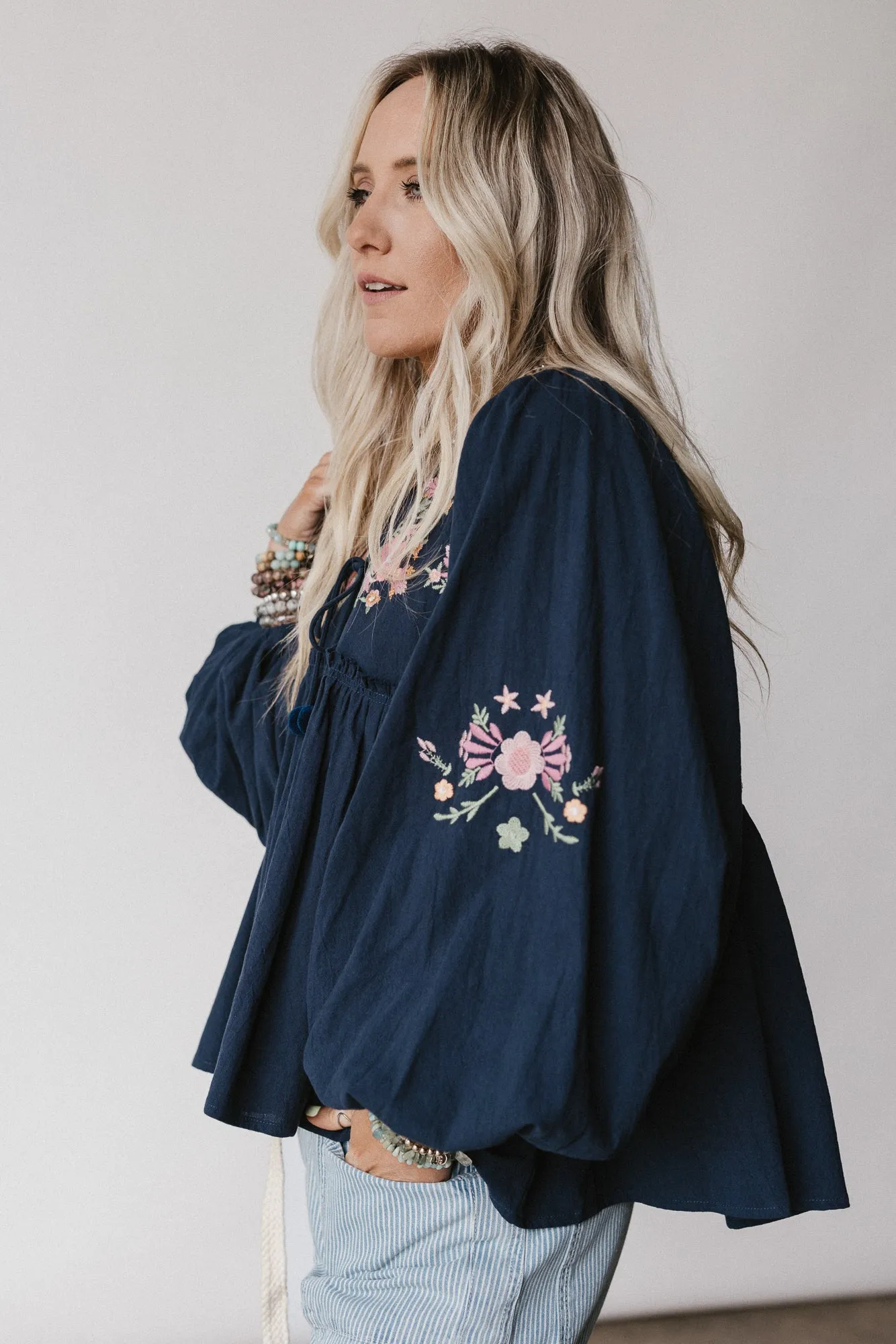 Whimsy Rose Embroidered Top - Navy