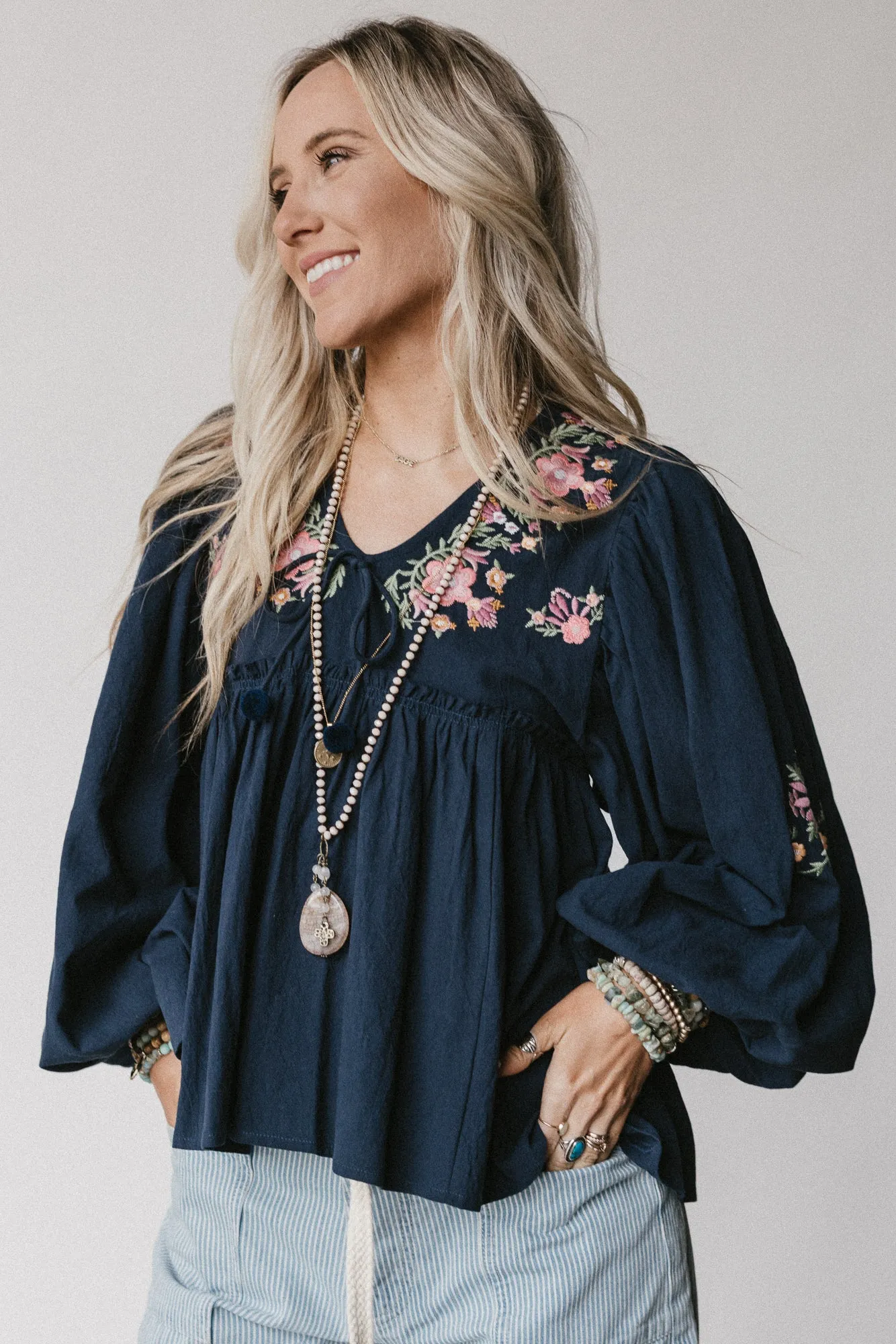 Whimsy Rose Embroidered Top - Navy