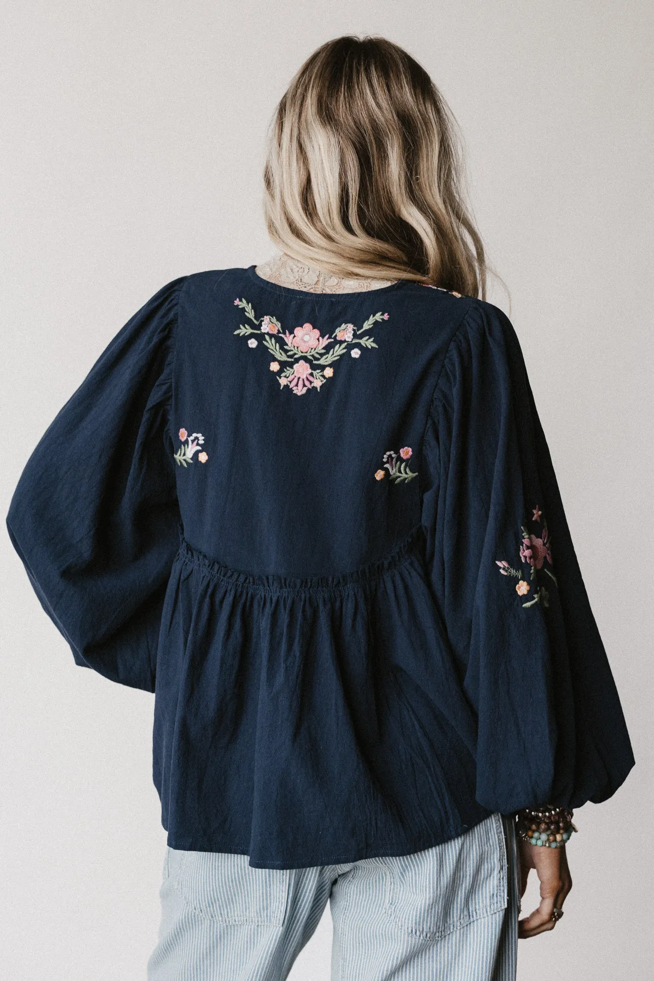 Whimsy Rose Embroidered Top - Navy