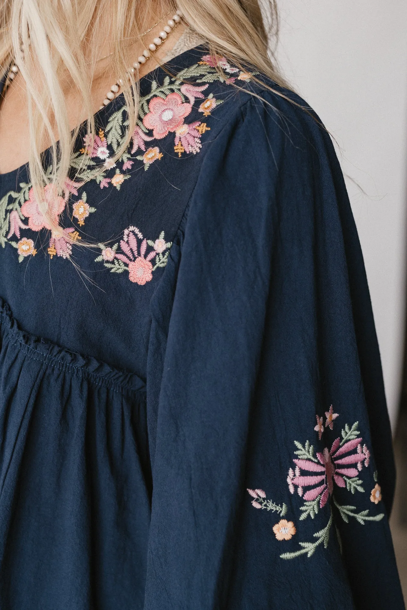 Whimsy Rose Embroidered Top - Navy