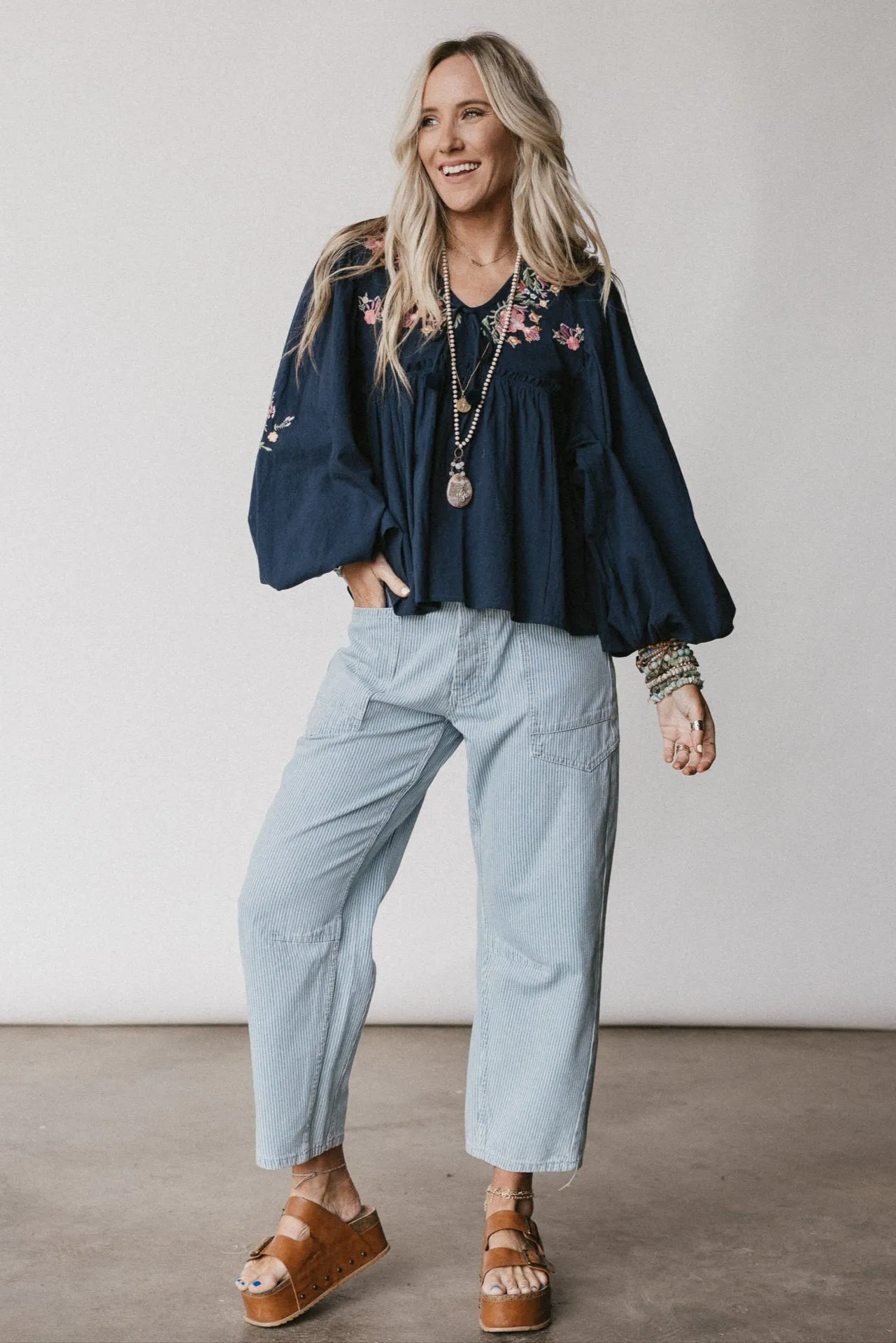 Whimsy Rose Embroidered Top - Navy