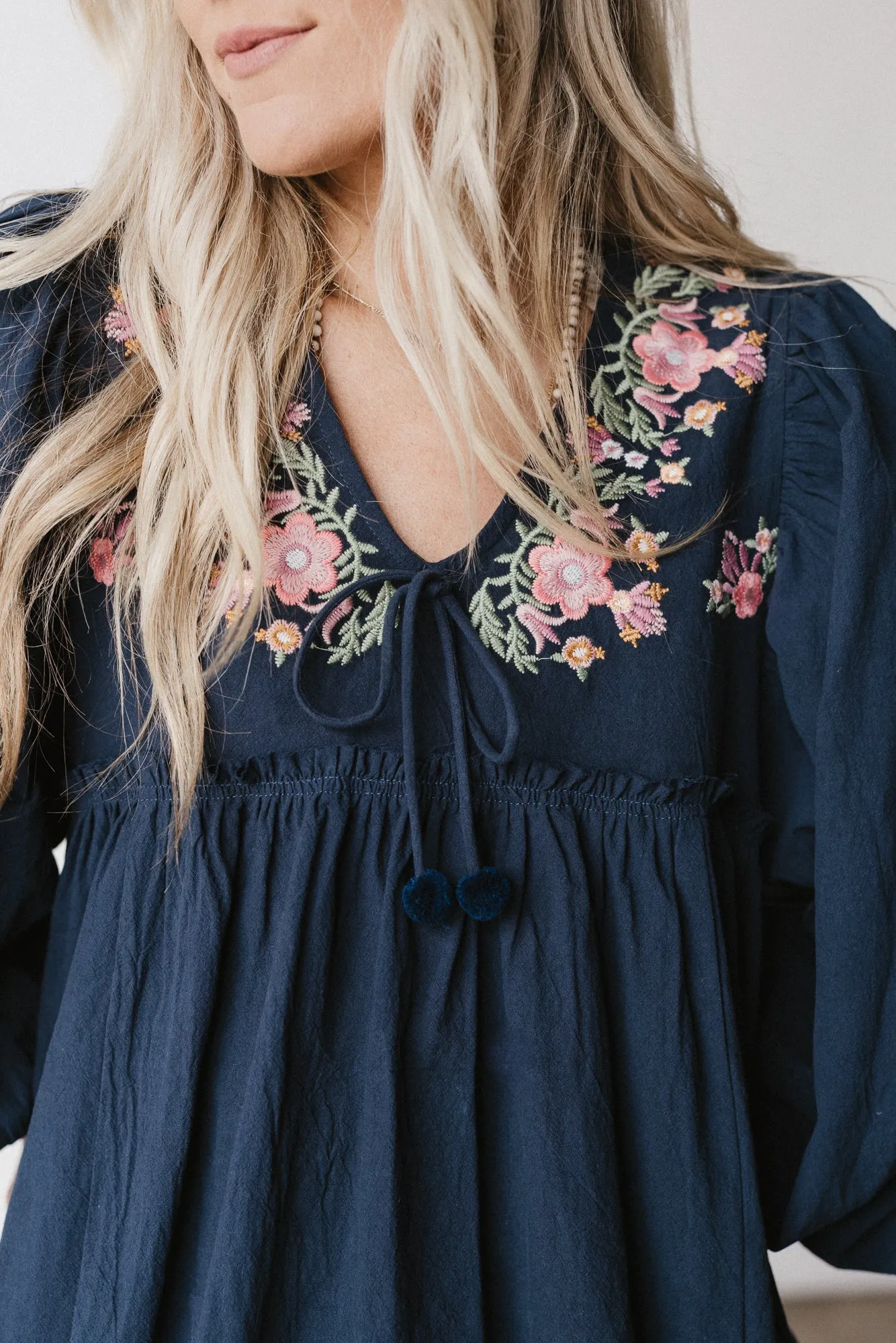 Whimsy Rose Embroidered Top - Navy
